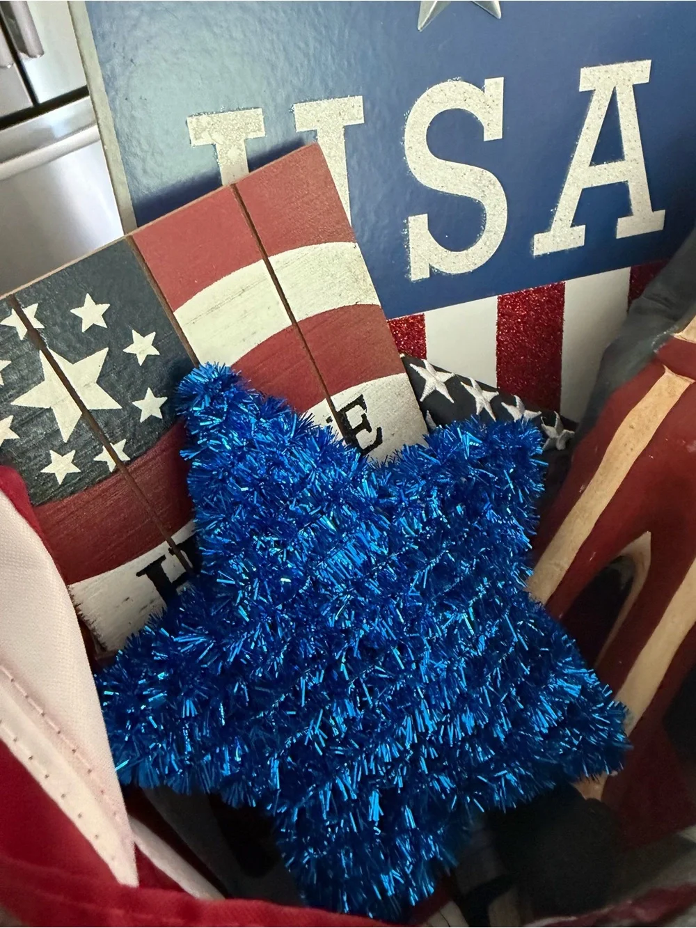 Patriotic Blue and Red Americana Decorative Bucket - Home Accents